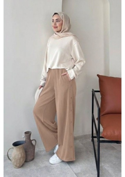 Mono Yanları Düğmeli Oysho Tesettür Pantolon- Bej fiyatları
