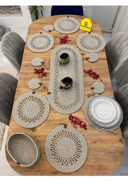 Jüt Hasır Amerikan Servis Supla Runner Sepet ve Bardaklık 14 Lü