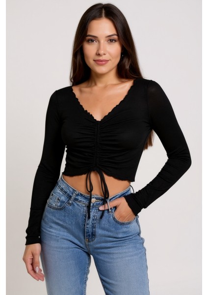 çınar ticaret kadın siyah uzun kollu büzdürme bağcık detaylı crop top bluz – şık, rahat ve kolay kombinlenebilir fiyatları