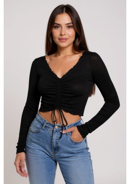 çınar ticaret kadın siyah uzun kollu büzdürme bağcık detaylı crop top bluz – şık, rahat ve kolay kombinlenebilir indirimleri