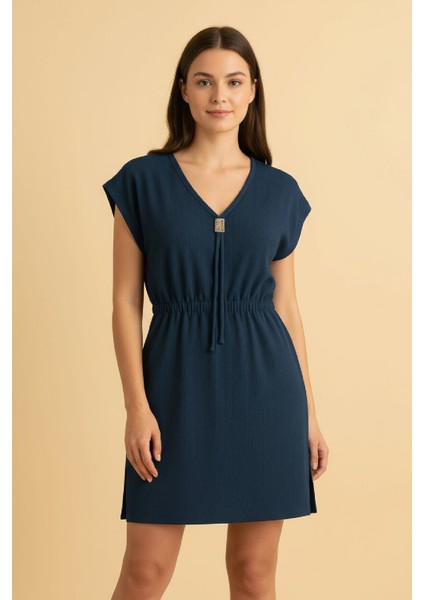 çınar ticaret kadın lacivert yanları yırtmaçlı tokalı v yaka mini plaj elbisesi