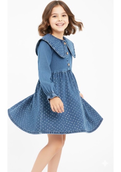 Kız Çocuk Taş Süslemeli ve 3 Düğme Kapatmalı Jean Elbise 12444