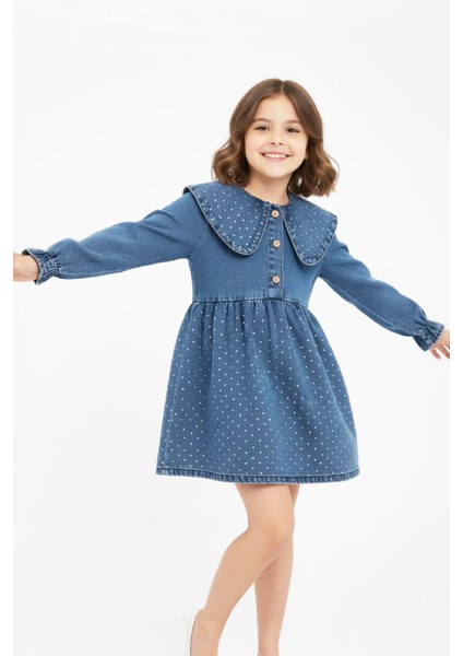 Kız Çocuk Taş Süslemeli ve 3 Düğme Kapatmalı Jean Elbise 12444 fiyatları