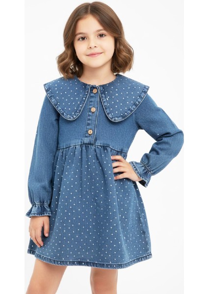 Kız Çocuk Taş Süslemeli ve 3 Düğme Kapatmalı Jean Elbise 12444 modelleri