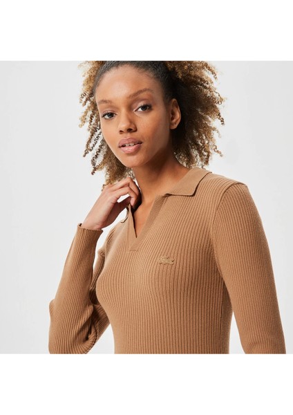 Kadın Uzun Kollu V Yaka Kahverengi Elbise modelleri