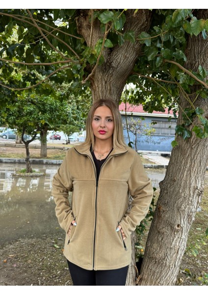 Kadın Önü Fermuarlı Cepli Camel Renk Polar Ceket