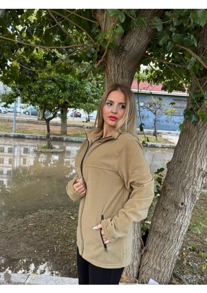 Kadın Önü Fermuarlı Cepli Camel Renk Polar Ceket fırsatları
