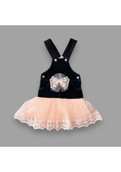 2-3-4 Yaş Fiyonklu Düğme Detaylı Tül Etek Kot Kumaş Salopet Kız Çocuk Elbisesi Siyah-Pudra fiyatları