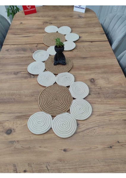 Jüt, Hasır, Dekoratif Masa Örtüsü,papatya Model Runner 30X100 Cm, Sehpa Örtüsü, Bohem Tarzı