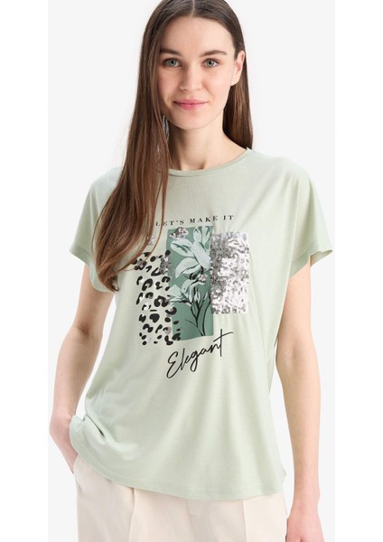 Bisiklet Yaka Baskılı Yarasa Kollu Tişört D8926AX25SP