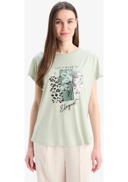 Bisiklet Yaka Baskılı Yarasa Kollu Tişört D8926AX25SP