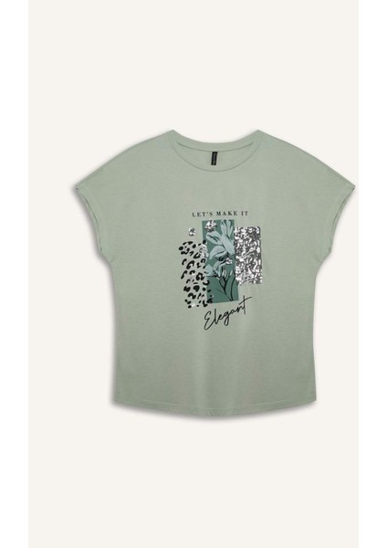 Bisiklet Yaka Baskılı Yarasa Kollu Tişört D8926AX25SP