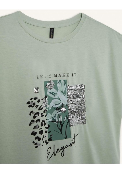 Bisiklet Yaka Baskılı Yarasa Kollu Tişört D8926AX25SP