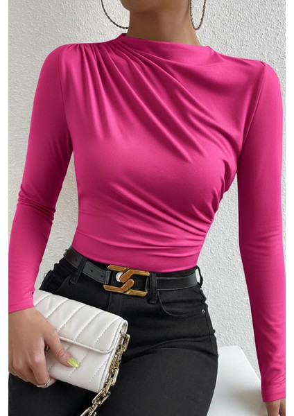 çınar ticaret kadın fuşya belden ve boyundan büzgü detaylı uzun kollu bluz