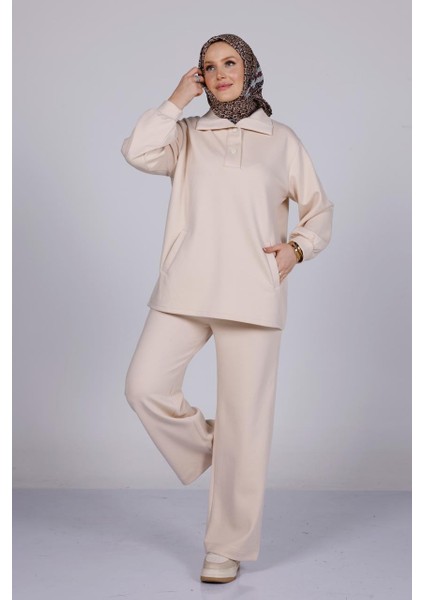 Kadın Oversize Polar Doku Ikili Takım – Rahat Kesim – Bej