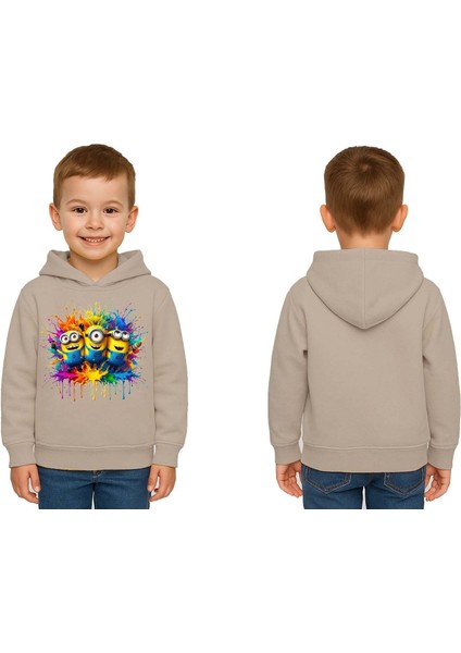 Unisex Mınıons Baskılı Çocuk Swaetshirt Baskılı Kapüşonlu 3 Iplik Şardonlu