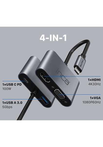 çınar ticaret ınca ıtpc-06t type-c hub x4 hdmı 4k@30 hz+ vga+ usb 3.0+pd 100w alumınyum kasa çoklayıcı