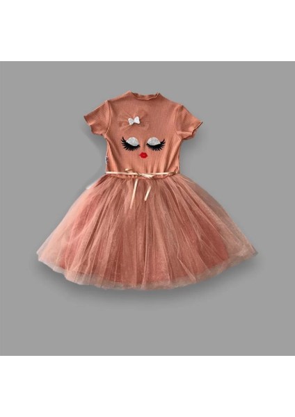 5-6-7 Yaş Payetli Süslü Yüz Baskılı Kız Çocuk Elbisesi Kahverengi fiyatları