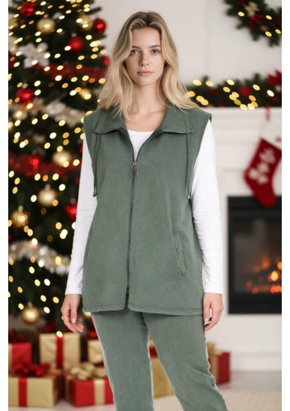 Kadın Büyük Beden Yaka Ip Detaylı Çift Cepli Fermuarlı Uzun Pamuk Yelek