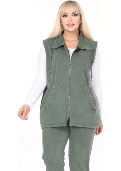Kadın Büyük Beden Yaka Ip Detaylı Çift Cepli Fermuarlı Uzun Pamuk Yelek