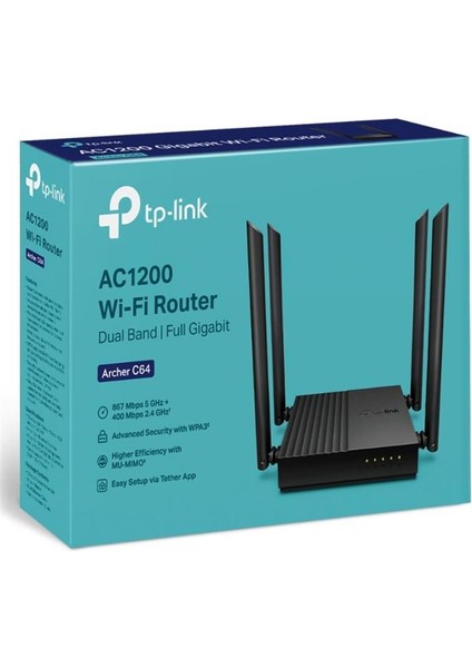 çınar ticaret tp-lınk archer c64 ac1200 2.4/5ghz 1200mbps mu-mımo ıç ortam kablosuz wıfı router