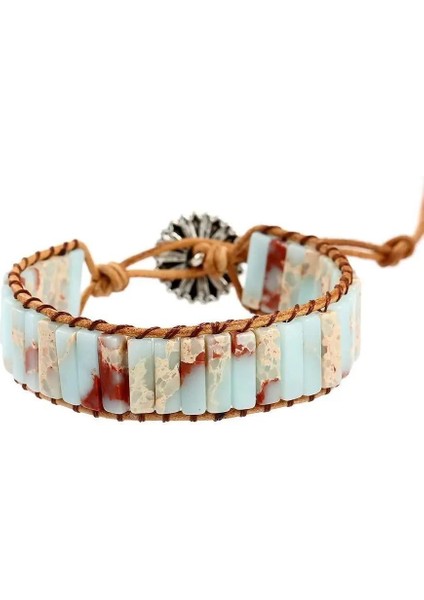 Doğal Amazonit Taşı Bileklik – El Yapımı Ayarlanabilir Deri Tasarım Papatya Düğmeli fiyatları