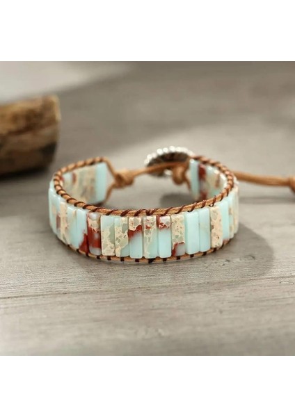 Doğal Amazonit Taşı Bileklik – El Yapımı Ayarlanabilir Deri Tasarım Papatya Düğmeli modelleri