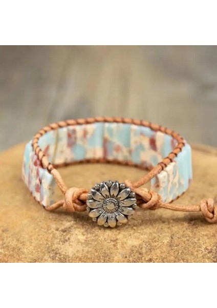 Doğal Amazonit Taşı Bileklik – El Yapımı Ayarlanabilir Deri Tasarım Papatya Düğmeli fırsatları