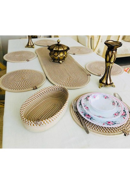 Amerikan Servis Jüt Hasır Sunum Takımı Runner Ekmeklik 8 Parça