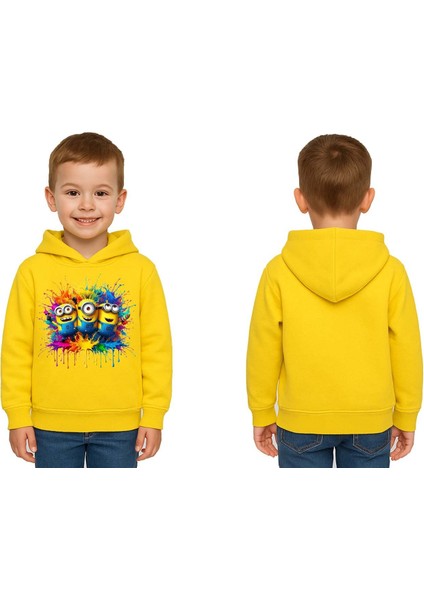 Unisex Mınıons Baskılı Çocuk Swaetshirt Baskılı Kapüşonlu 3 Iplik Şardonlu