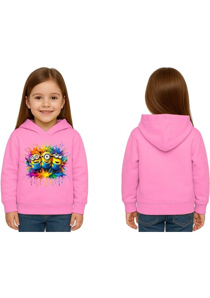 Unisex Mınıons Baskılı Çocuk Swaetshirt Baskılı Kapüşonlu 3 Iplik Şardonlu