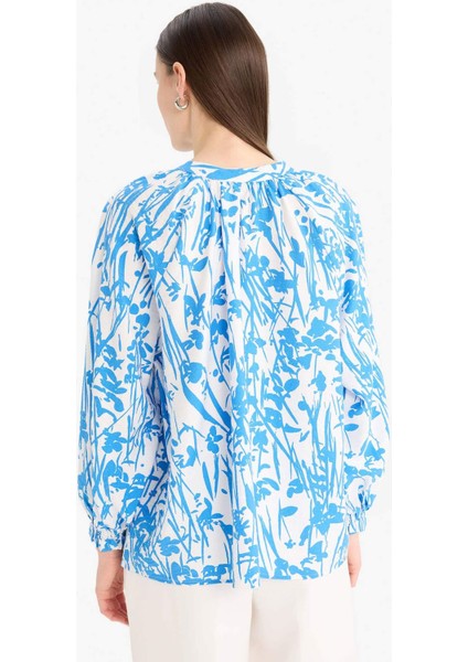 Relax Fit Bağcıklı Yaka Desenli Uzun Kollu Tesettür Gömlek Tunik E1100AX25HS