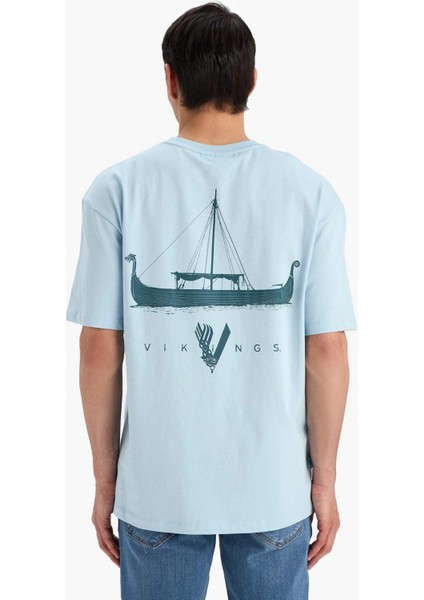 %100 Pamuk Vikings Comfort Regular Fit Rahat Kalıp Bisiklet Yaka Sırt Baskılı Kısa Kollu Tişört B8092AX25SP