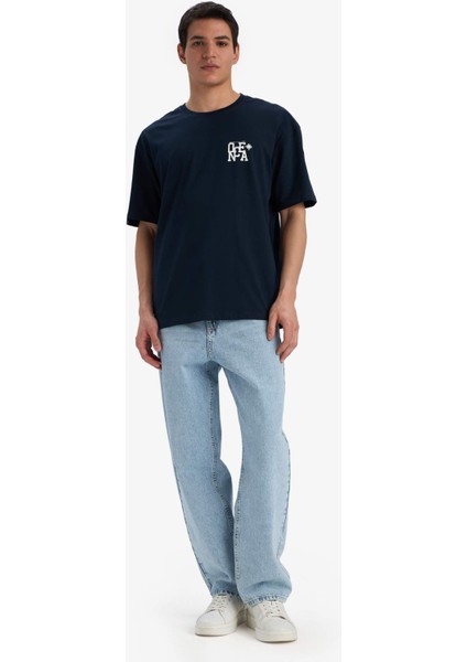 %100 Pamuk Comfort Fit Bisiklet Yaka Baskılı Kısa Kollu Tişört C4082AX25SM