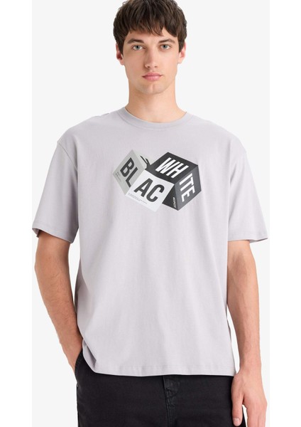 %100 Pamuk Oversize Geniş Kalıp Bisiklet Yaka Baskılı Kısa Kollu Tişört S9343AZ25SM
