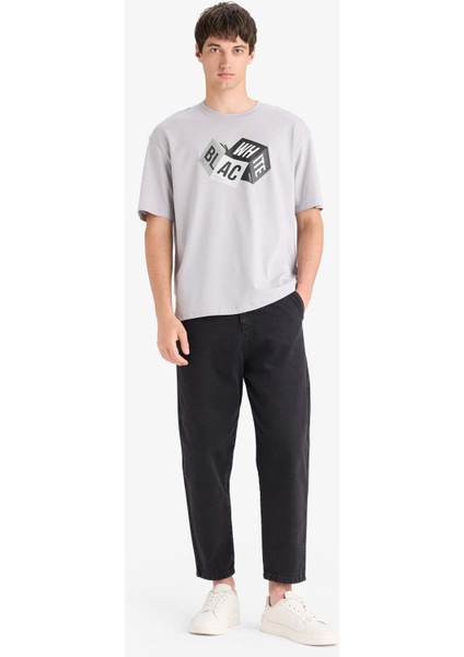 %100 Pamuk Oversize Geniş Kalıp Bisiklet Yaka Baskılı Kısa Kollu Tişört S9343AZ25SM