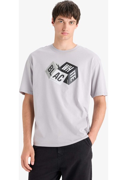 %100 Pamuk Oversize Geniş Kalıp Bisiklet Yaka Baskılı Kısa Kollu Tişört S9343AZ25SM