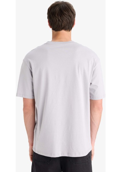 %100 Pamuk Oversize Geniş Kalıp Bisiklet Yaka Baskılı Kısa Kollu Tişört S9343AZ25SM