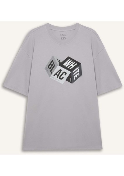 %100 Pamuk Oversize Geniş Kalıp Bisiklet Yaka Baskılı Kısa Kollu Tişört S9343AZ25SM