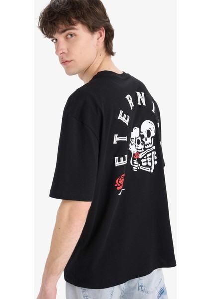 %100 Pamuk Oversize Geniş Kalıp Bisiklet Yaka Sırt Baskılı Kısa Kollu Tişört Z3079AZ25SM