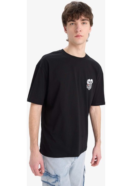 %100 Pamuk Oversize Geniş Kalıp Bisiklet Yaka Sırt Baskılı Kısa Kollu Tişört Z3079AZ25SM