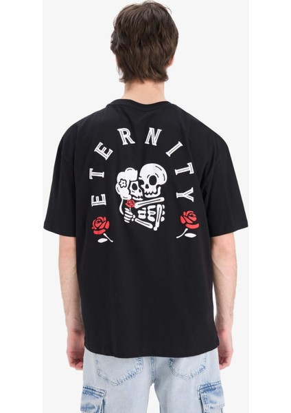 %100 Pamuk Oversize Geniş Kalıp Bisiklet Yaka Sırt Baskılı Kısa Kollu Tişört Z3079AZ25SM