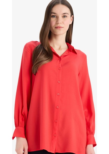 Regular Fit Basic Düz Viskon Uzun Kollu Gömlek Tunik