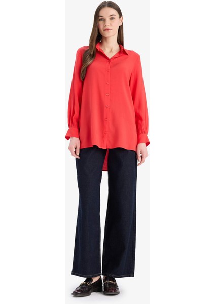 Regular Fit Basic Düz Viskon Uzun Kollu Gömlek Tunik