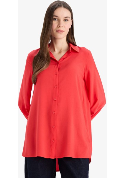 Regular Fit Basic Düz Viskon Uzun Kollu Gömlek Tunik