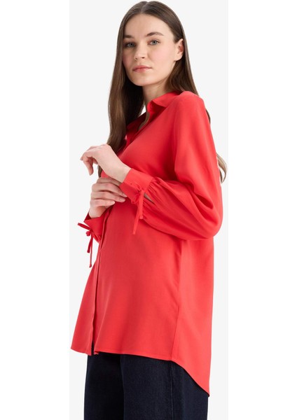 Regular Fit Basic Düz Viskon Uzun Kollu Gömlek Tunik