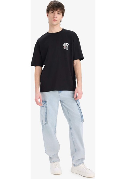 %100 Pamuk Oversize Geniş Kalıp Bisiklet Yaka Sırt Baskılı Kısa Kollu Tişört