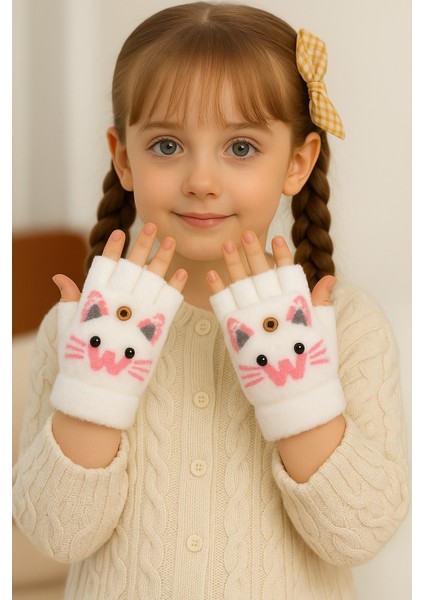 Kedi Desenli Kapaklı Kız Çocuk Peluş Parmaksız Eldiven