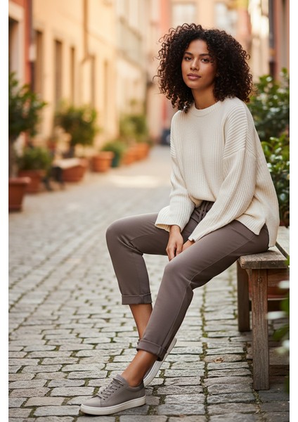 Sy & Black Kadın Çelik Örgü Beli Lastikli ve Bağcıklı Geniş Beden Aralıklı Jogger Pantolon 25P-03 Vizon