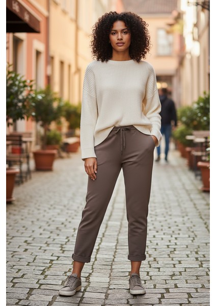 Sy & Black Kadın Çelik Örgü Beli Lastikli ve Bağcıklı Geniş Beden Aralıklı Jogger Pantolon 25P-03 Vizon fiyatları